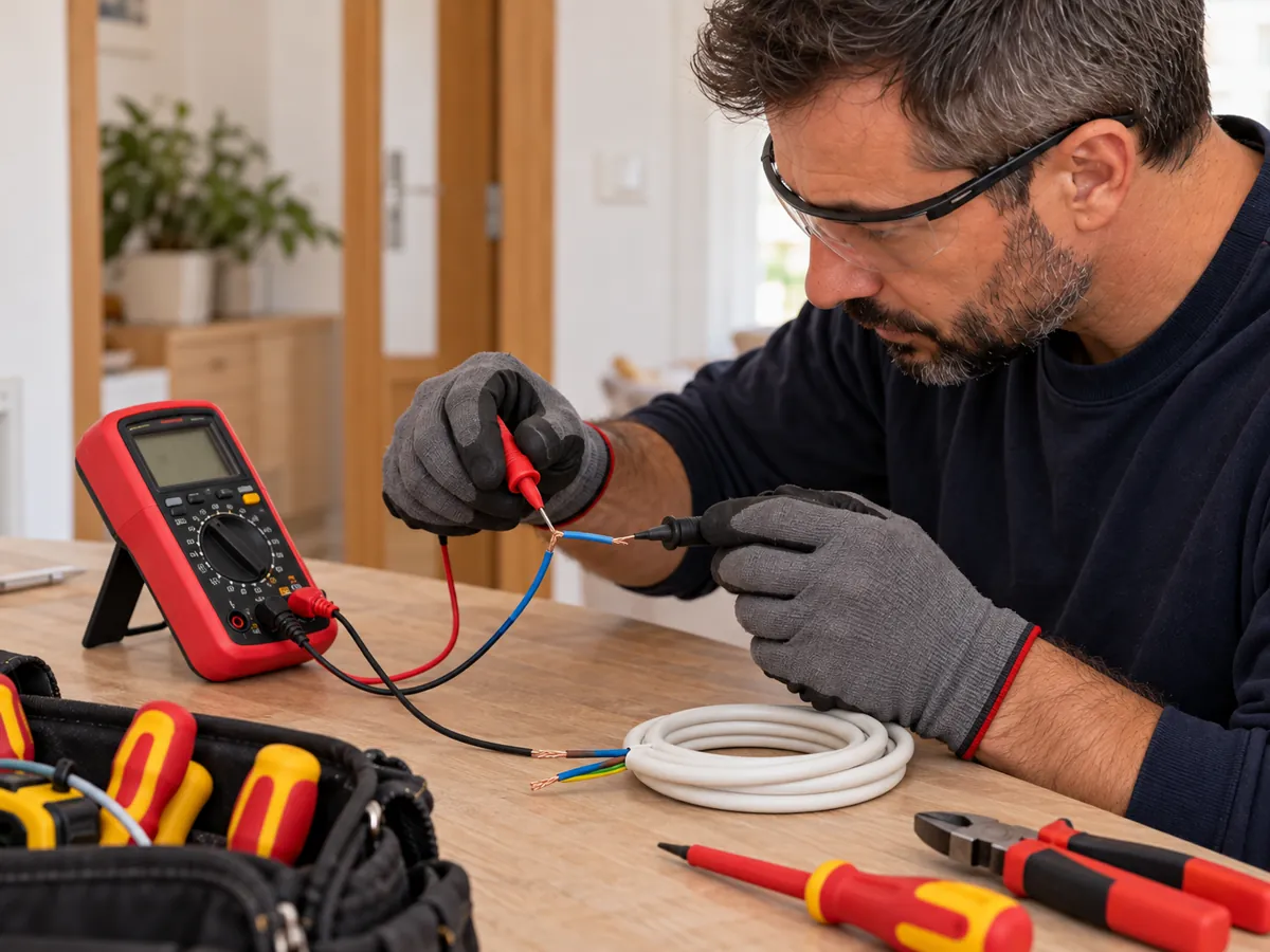 Technician testing a cable, synthetic diagnostic scene