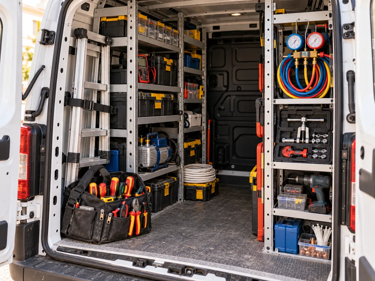 Organised tools in a service van, synthetic image