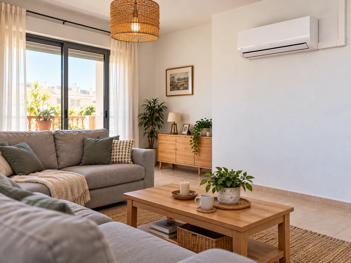 Living room with completed air conditioning, synthetic scene
